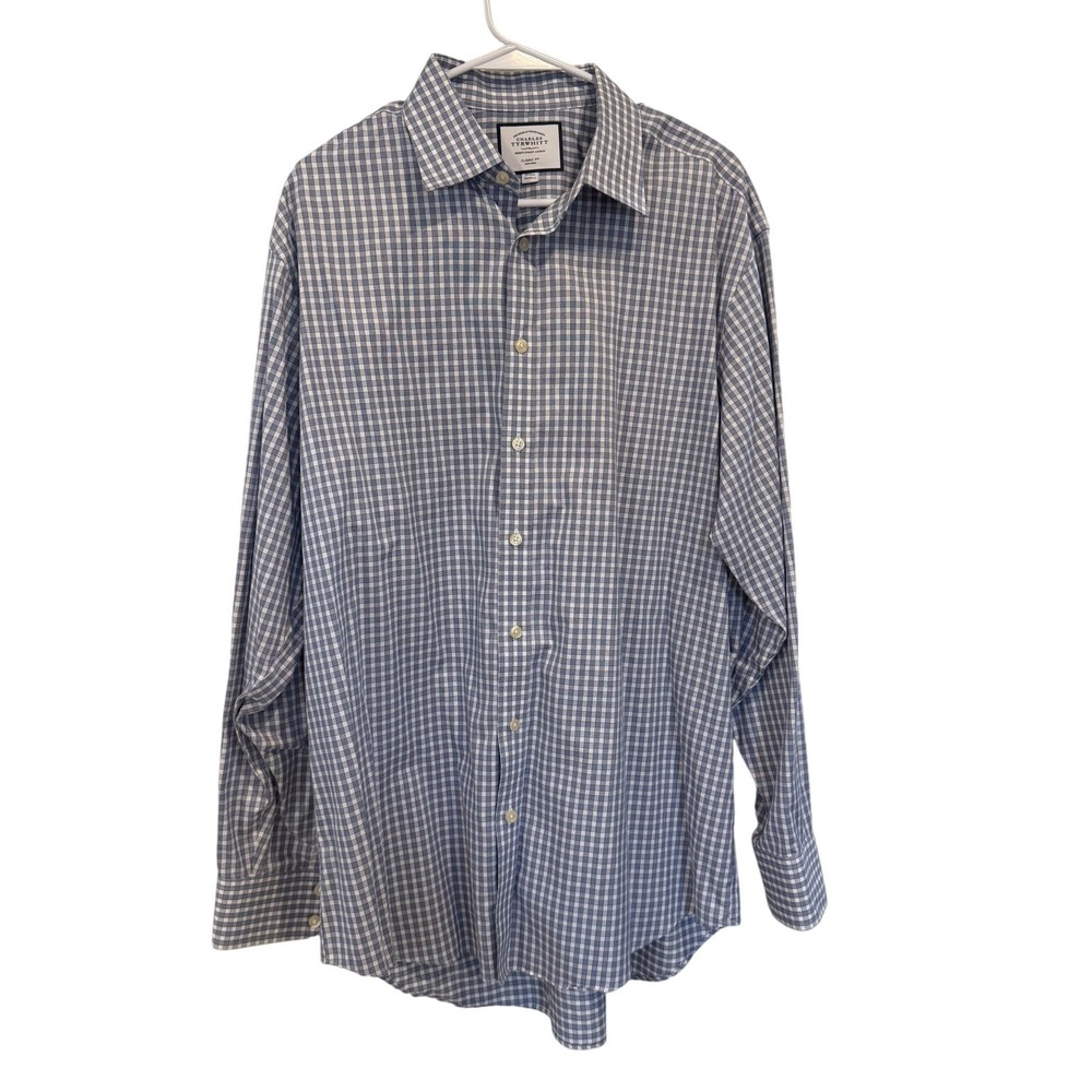 Charles Tyrwhitt Mens Blue Gingham Non-Iron Classic Fit Dress Shirt 17/35